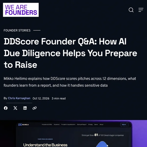 We Are Founders article featuring DDScore: the publisher’s logo, interview headline and October 12, 2026 byline