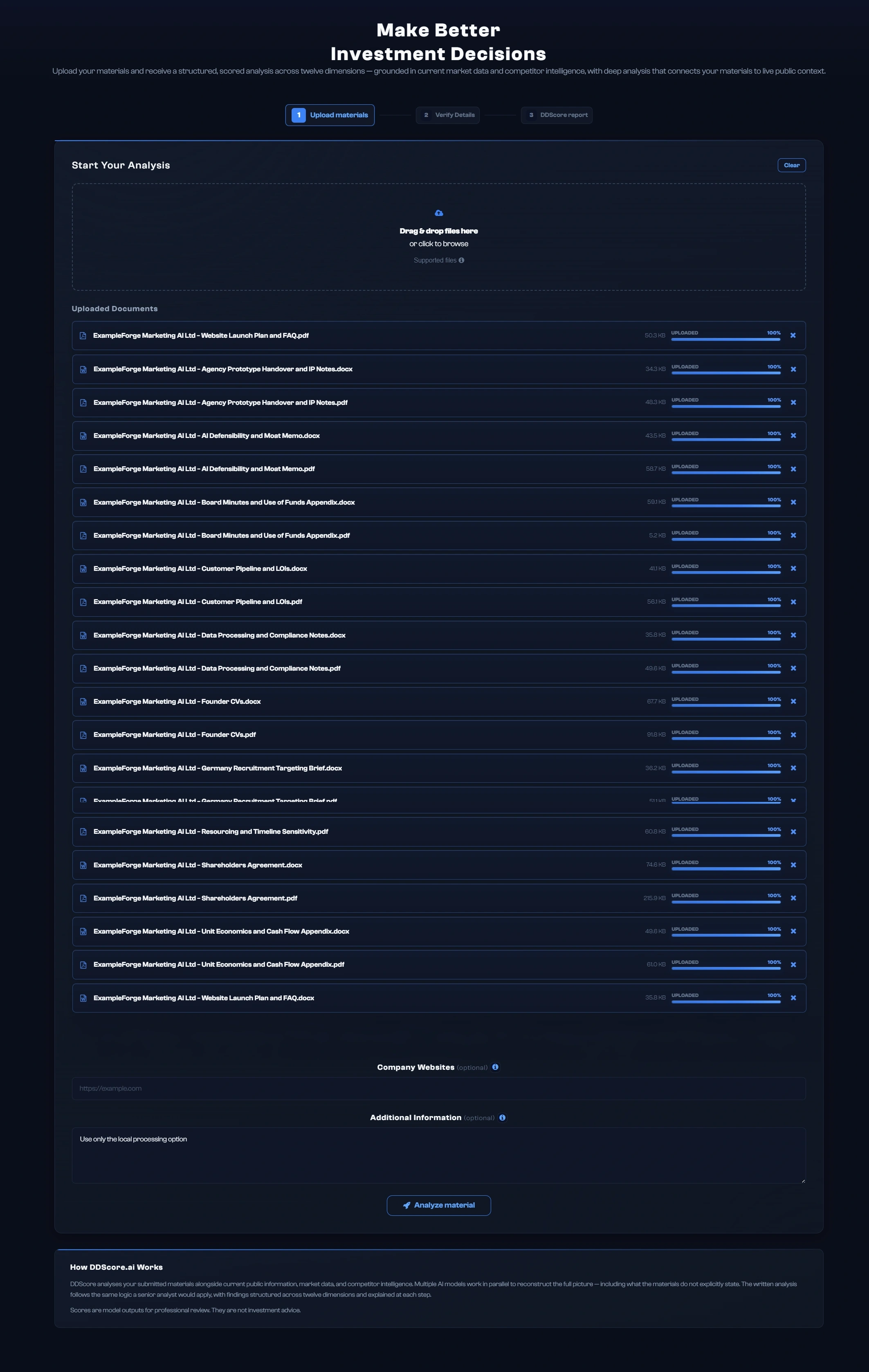 DDScore material upload screen with ExampleForge documents loaded