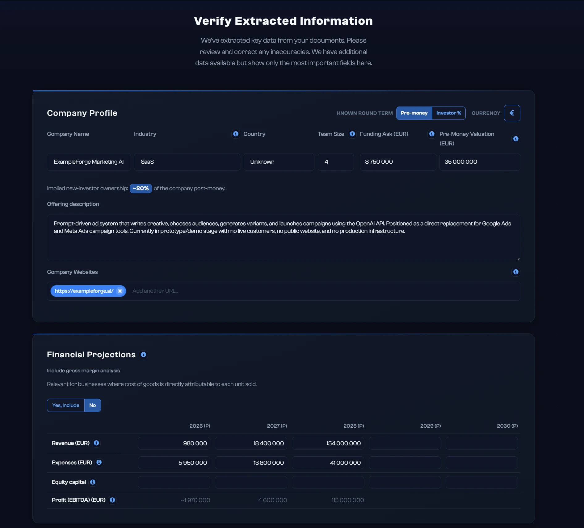 Company profile verification form for ExampleForge Marketing AI Ltd
