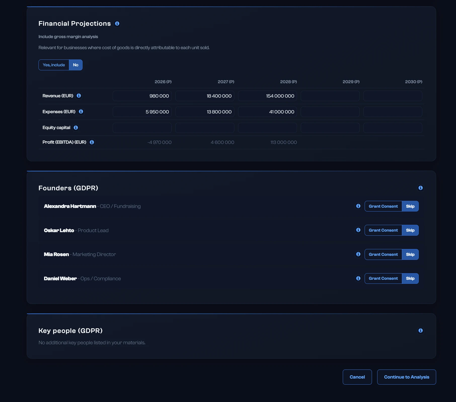 Founder and key people GDPR verification screen