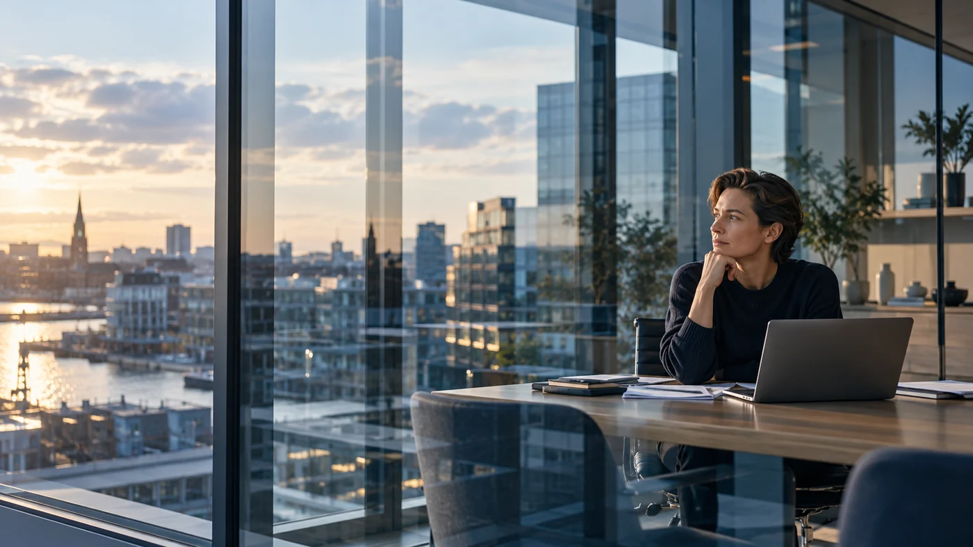 A founder looking out over the city from an office window